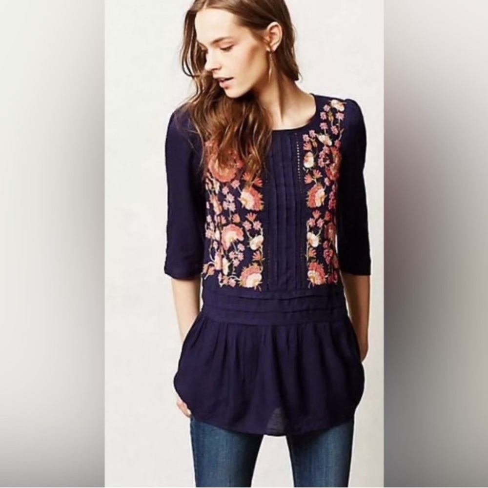 Anthropologie Floreat Navy and Pink Embroidered Floral Blouse